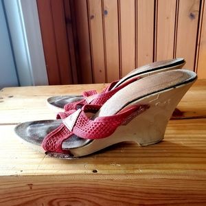 Vintage high heel wedges with woven red straps
